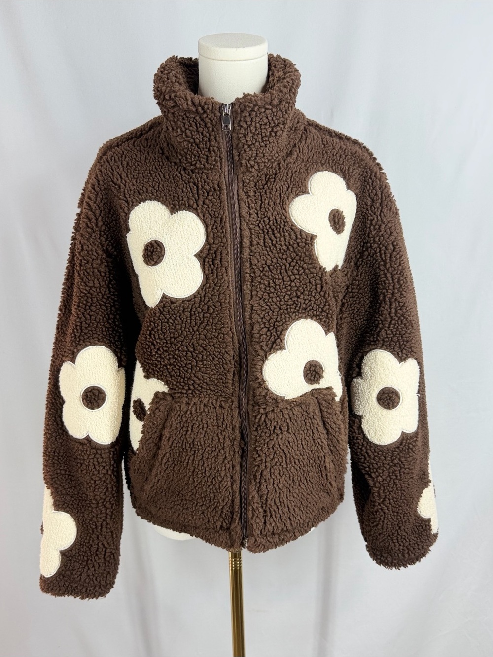 Mark Edwards Studio Floral Fleece Jacket Women XS Brown Sherpa Flower Full Zip